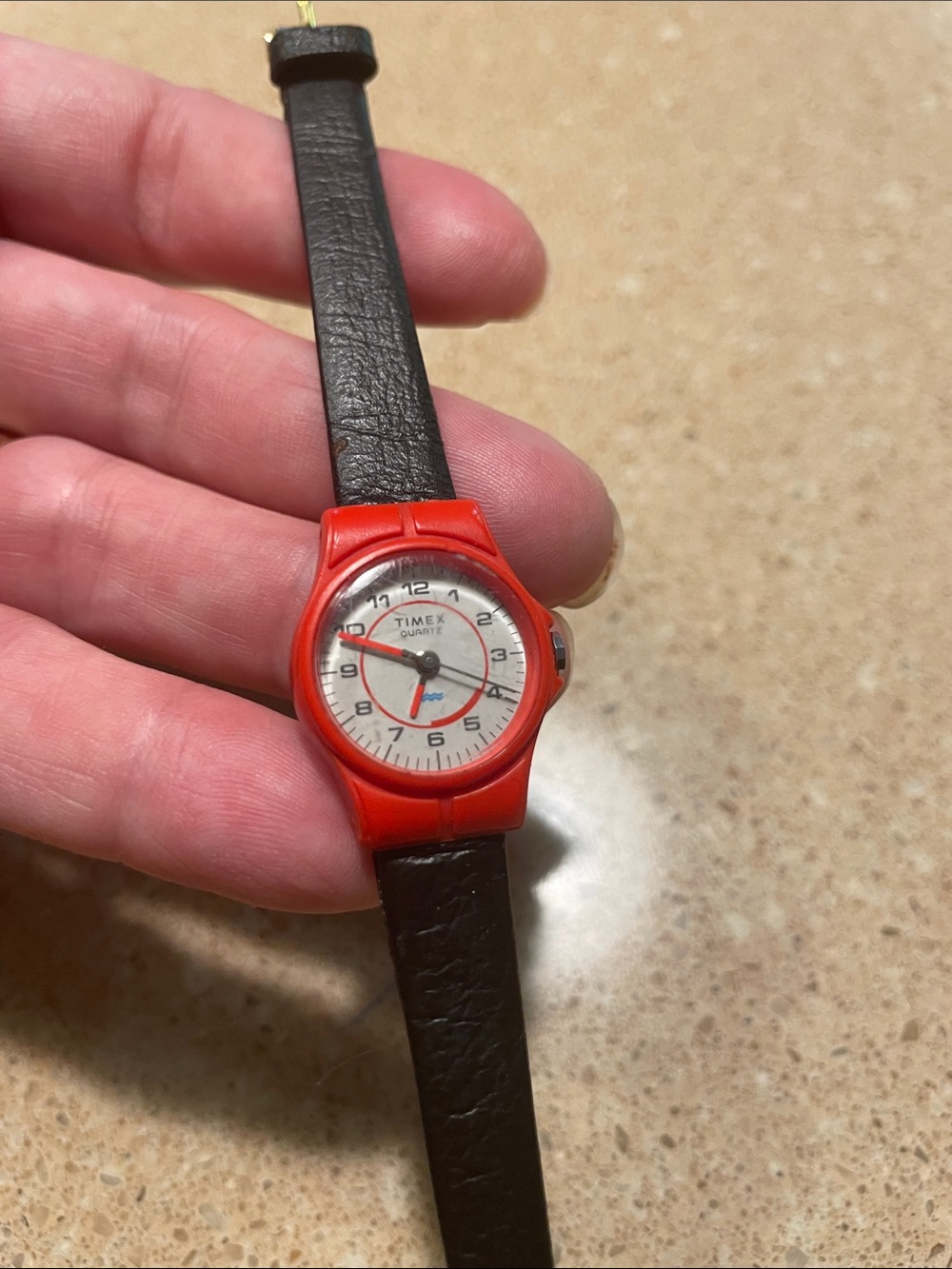 Timex Red Case Watch with Black Leather Strap